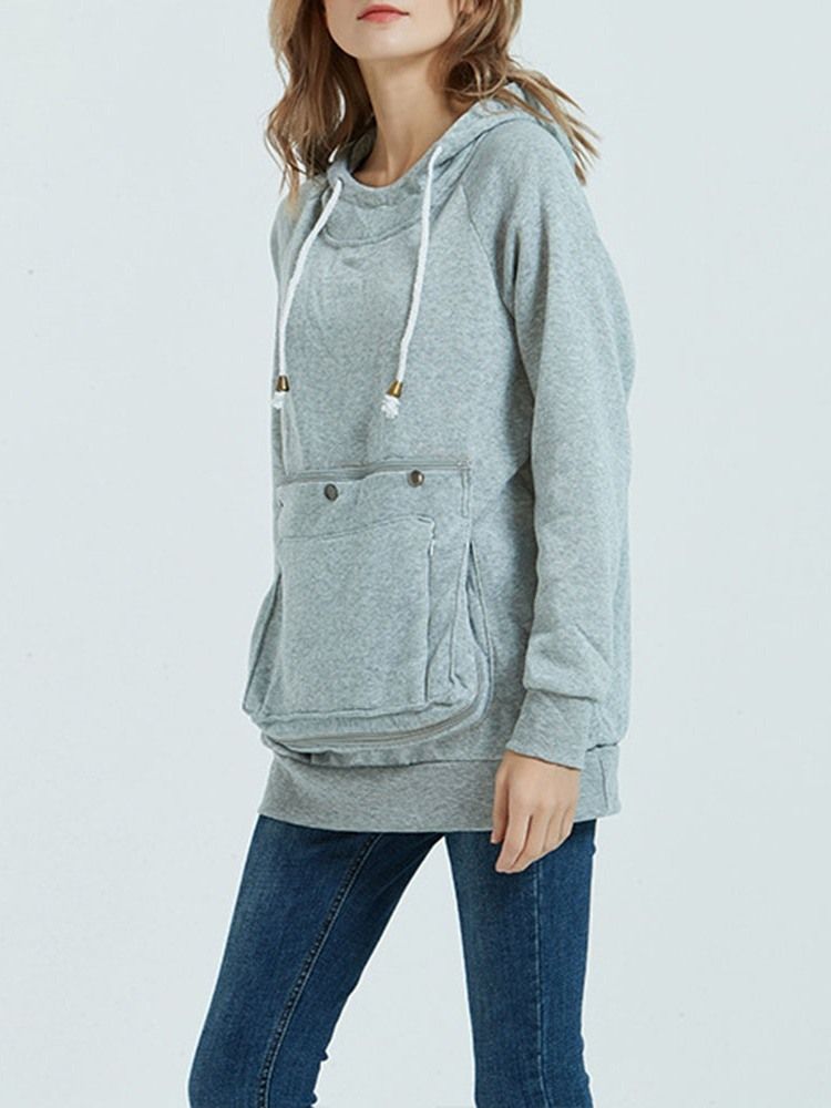 Pocket Plain Regular Mi-longueur Automne Sweat À Capuche Pour Femmes