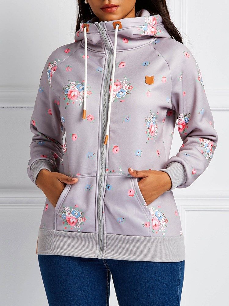 Sweat À Capuche Cool À Manches Longues Et À Imprimé Floral Pour Femmes