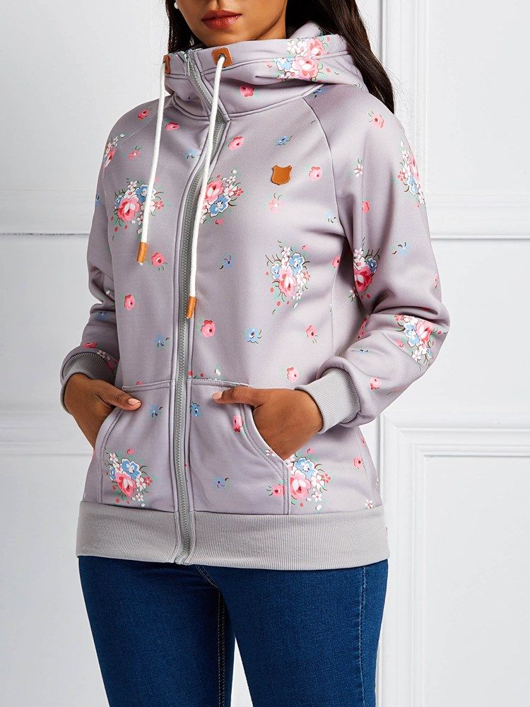 Sweat À Capuche Cool À Manches Longues Et À Imprimé Floral Pour Femmes