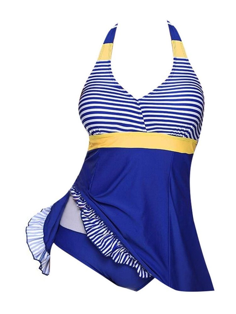 Ensemble De Tankini À Patchwork Rayé Falbala Pour Femme