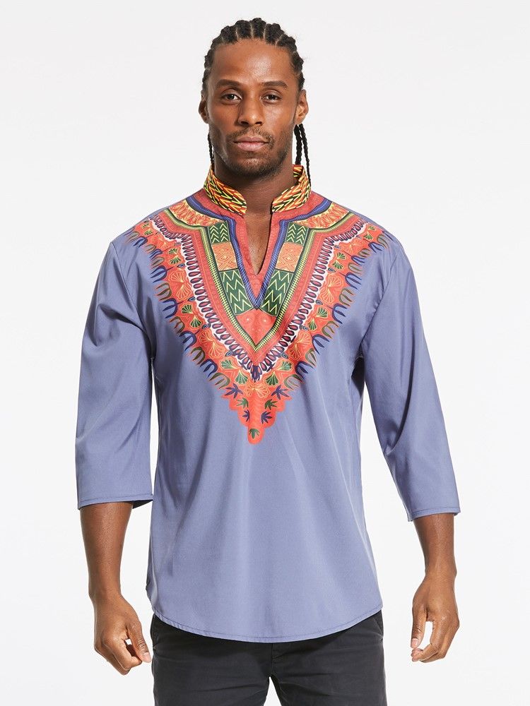 T-shirt Slim Pour Hommes À Col En V Et Imprimé Dashiki À La Mode Africaine