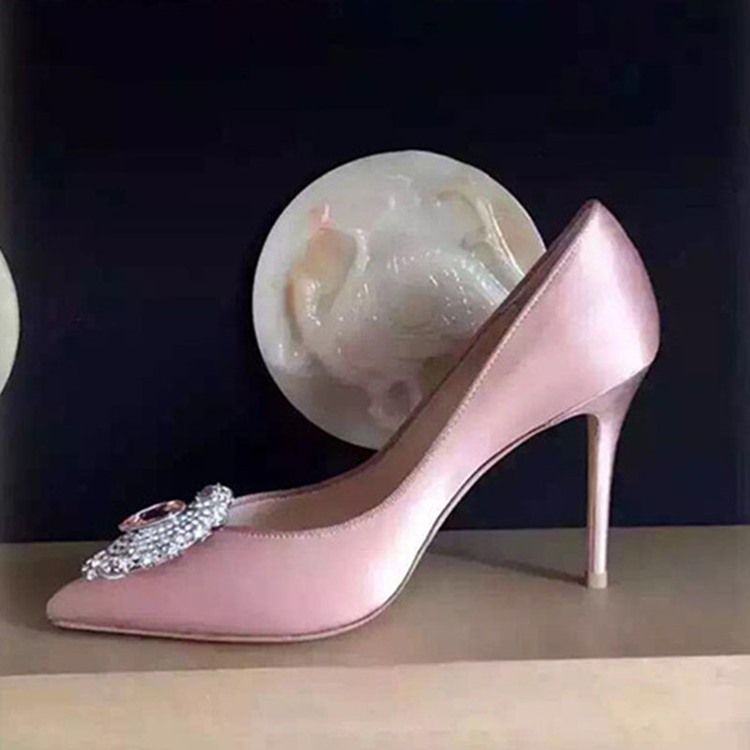 Chaussures De Bal À Bout Pointu En Tissu De Soie Strass Pour Femmes