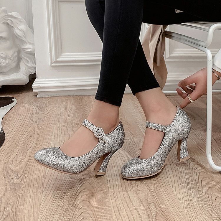 Chaussures À Bout Rond Et À Paillettes Pour Femmes 8 cm