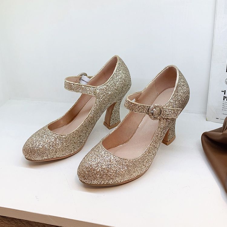 Chaussures À Bout Rond Et À Paillettes Pour Femmes 8 cm