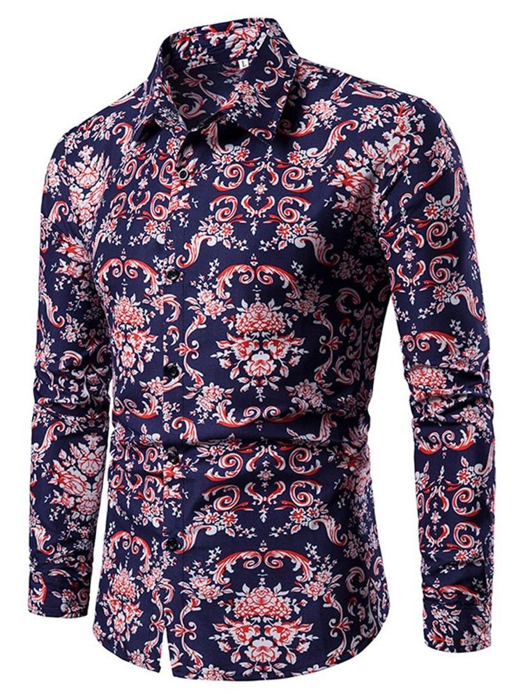 Chemise À Boutonnage Simple Européenne À Revers Fleuri Pour Hommes