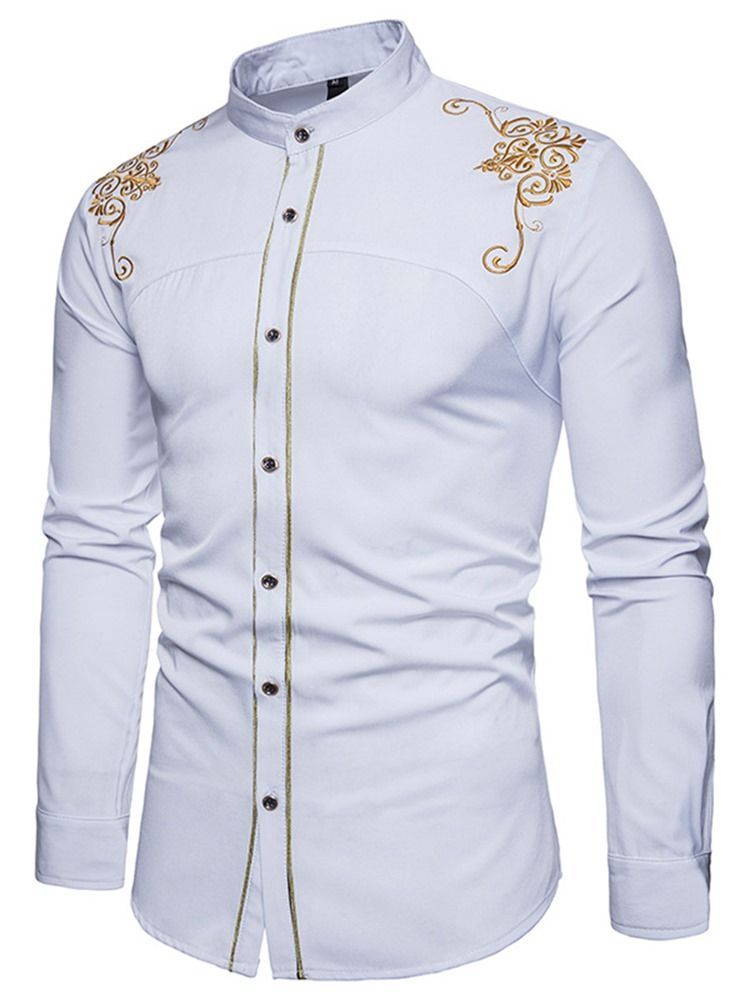 Chemise Simple Boutonnage Pour Hommes Unie À Broderie Dorée