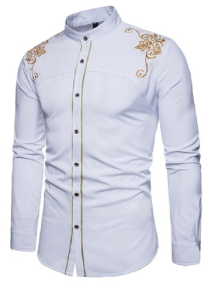 Chemise Simple Boutonnage Pour Hommes Unie À Broderie Dorée