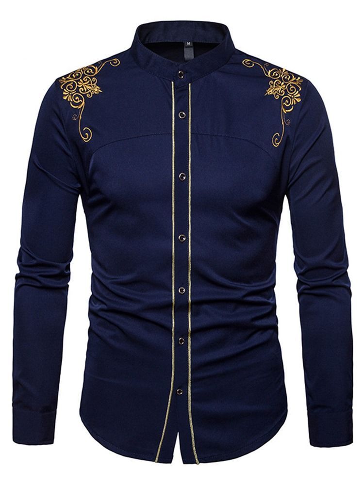 Chemise Simple Boutonnage Pour Hommes Unie À Broderie Dorée