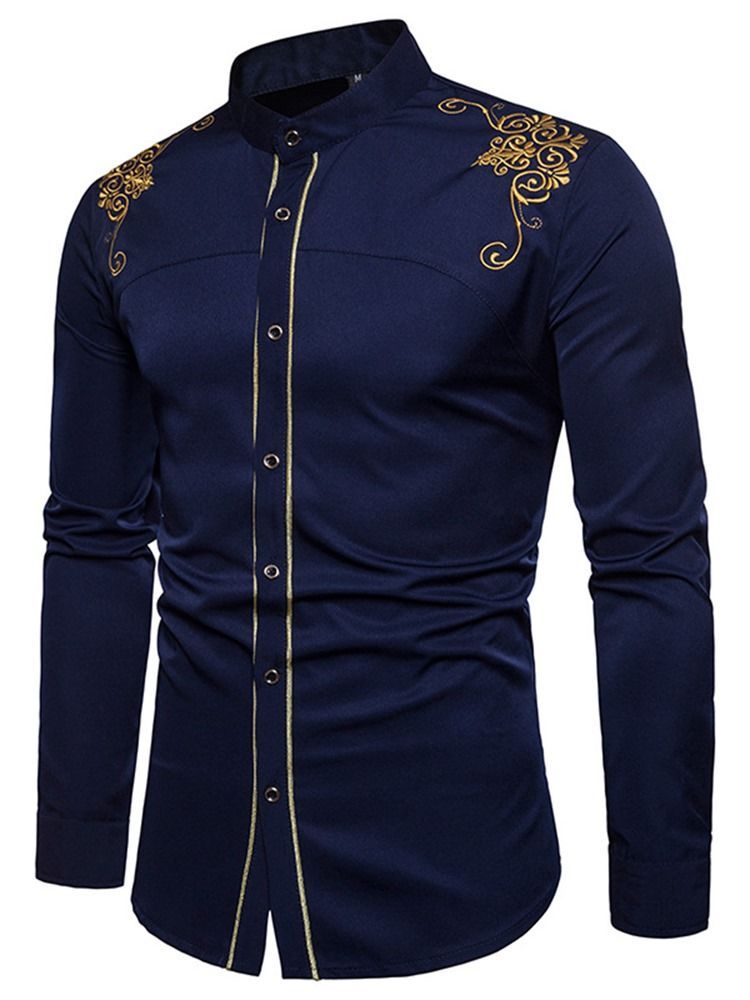 Chemise Simple Boutonnage Pour Hommes Unie À Broderie Dorée