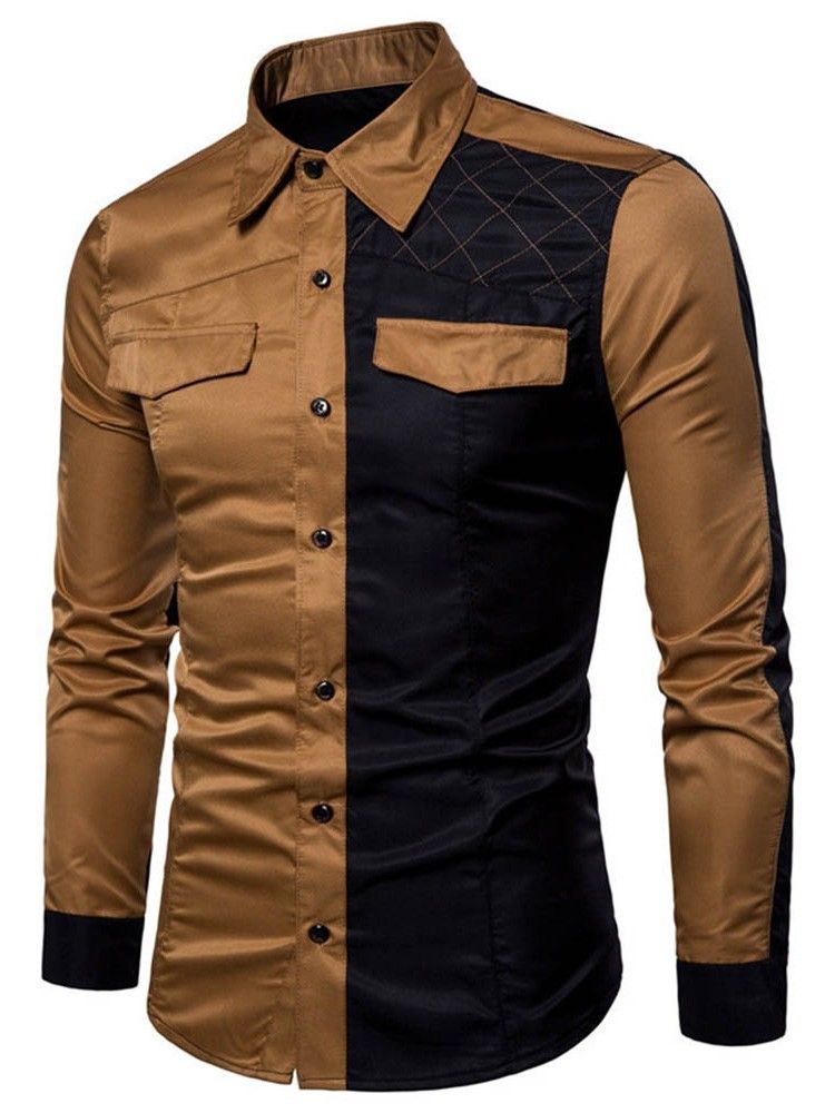 Chemise Slim Décontractée Pour Hommes Avec Poche Color Block