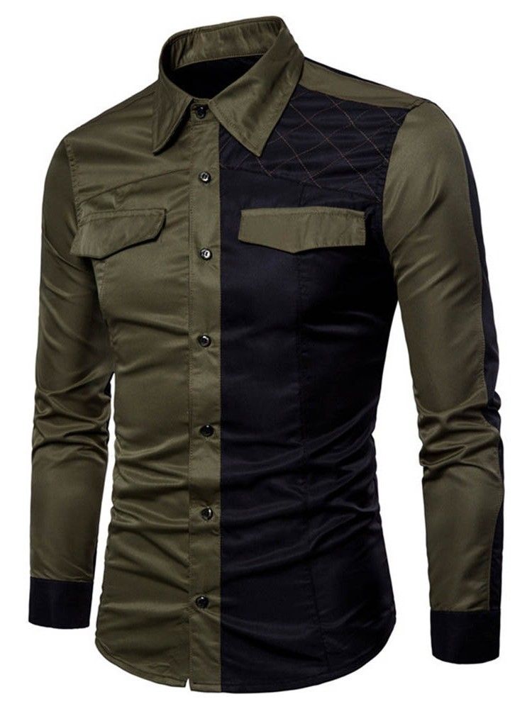 Chemise Slim Décontractée Pour Hommes Avec Poche Color Block