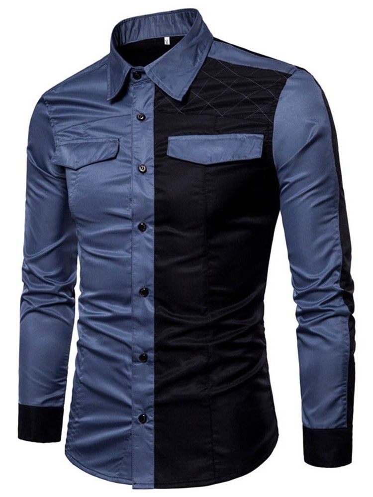 Chemise Slim Décontractée Pour Hommes Avec Poche Color Block