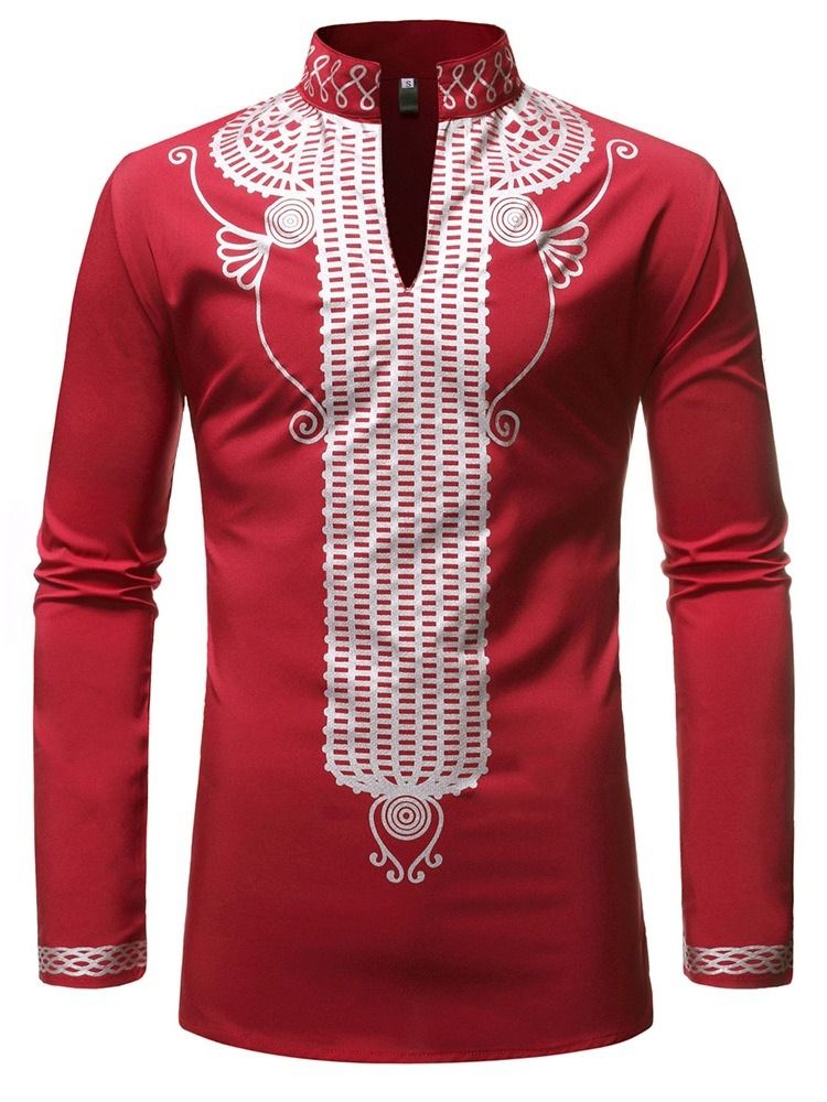 Chemise Slim Ethnique À Col Montant Géométrique Pour Hommes