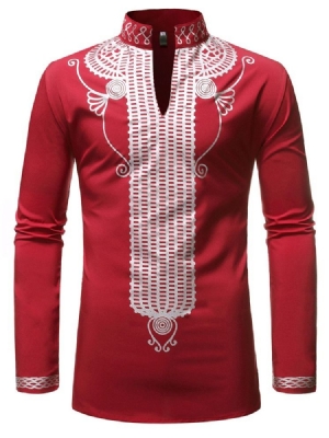 Chemise Slim Ethnique À Col Montant Géométrique Pour Hommes