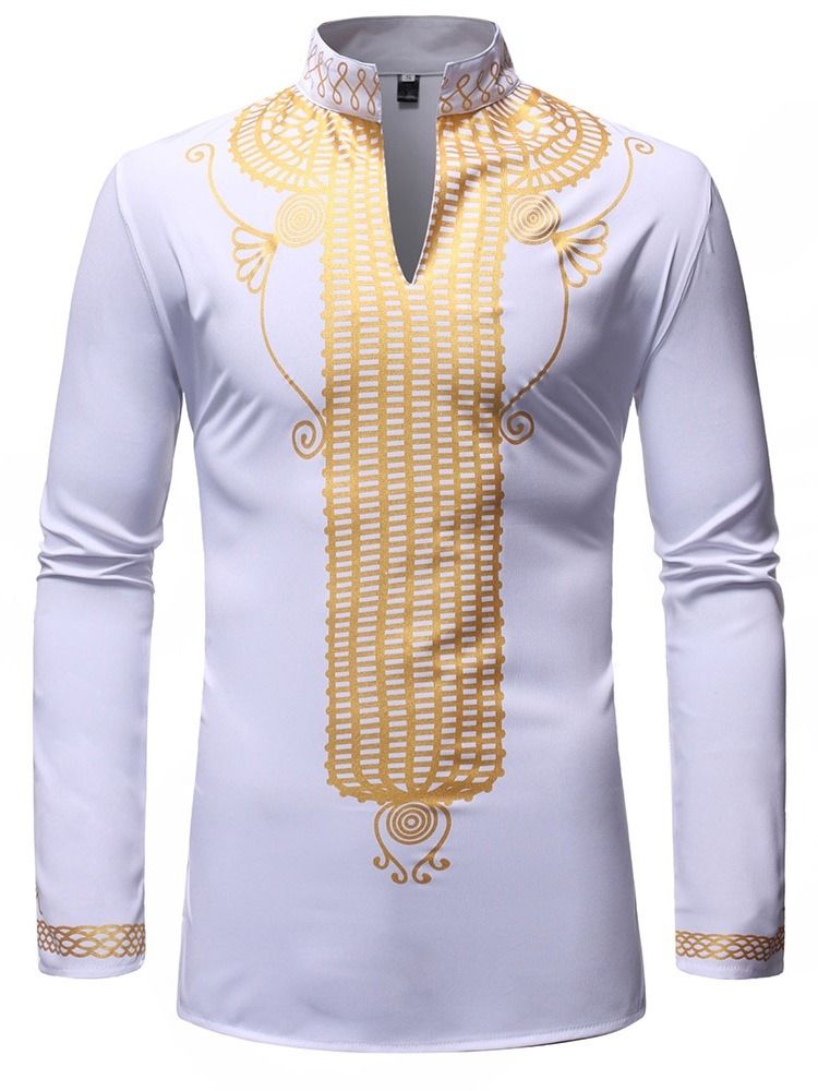 Chemise Slim Ethnique À Col Montant Géométrique Pour Hommes