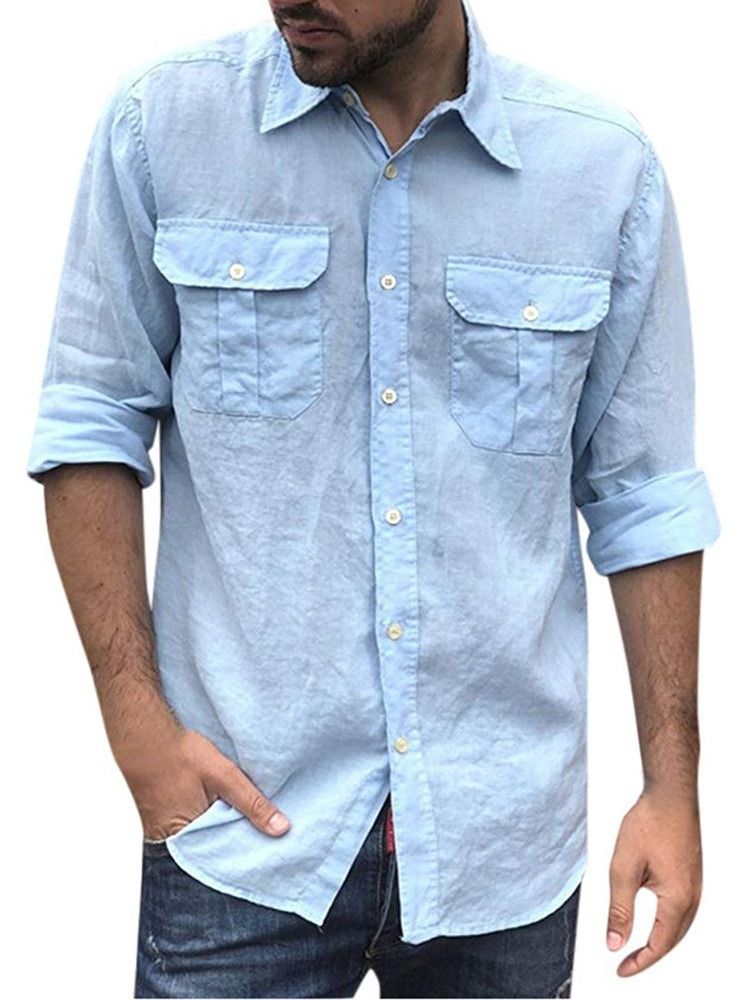 Chemise Slim Micro-élastique Pour Hommes Avec Bouton À Revers Uni