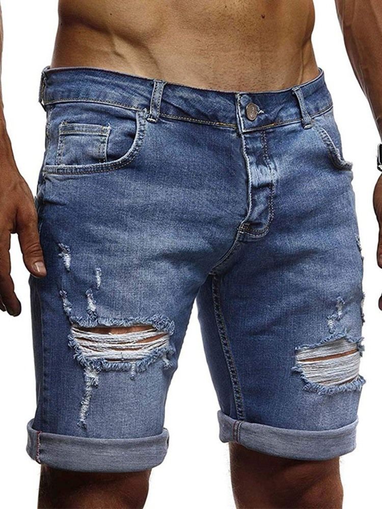 Jeans Pour Hommes À Fermeture Éclair À Taille Moyenne Et À Trou Dégradé Fin