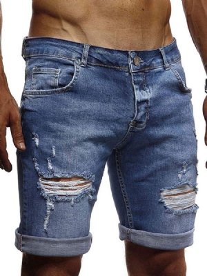 Jeans Pour Hommes À Fermeture Éclair À Taille Moyenne Et À Trou Dégradé Fin