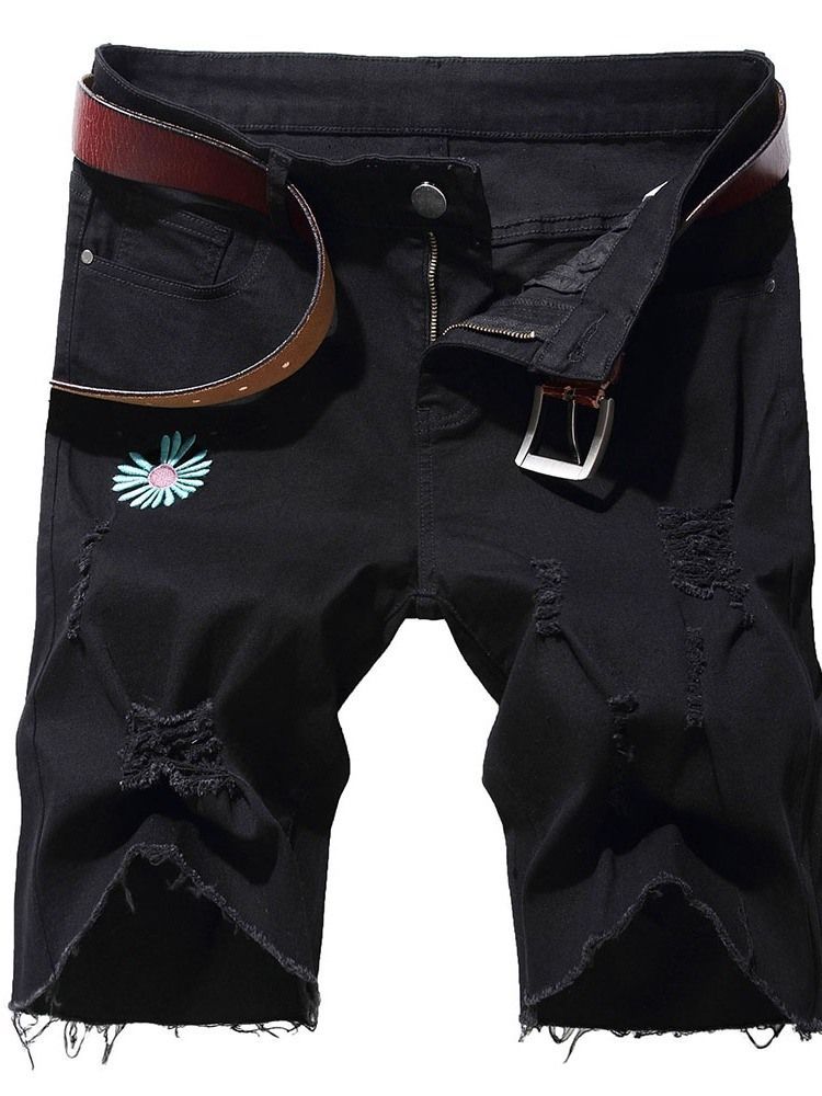 Short En Jean Pour Hommes Avec Broderie Florale À Taille Moyenne Et Fermeture À Glissière