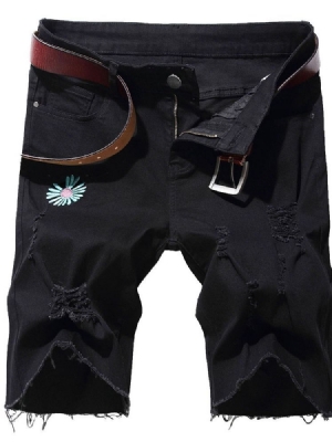 Short En Jean Pour Hommes Avec Broderie Florale À Taille Moyenne Et Fermeture À Glissière