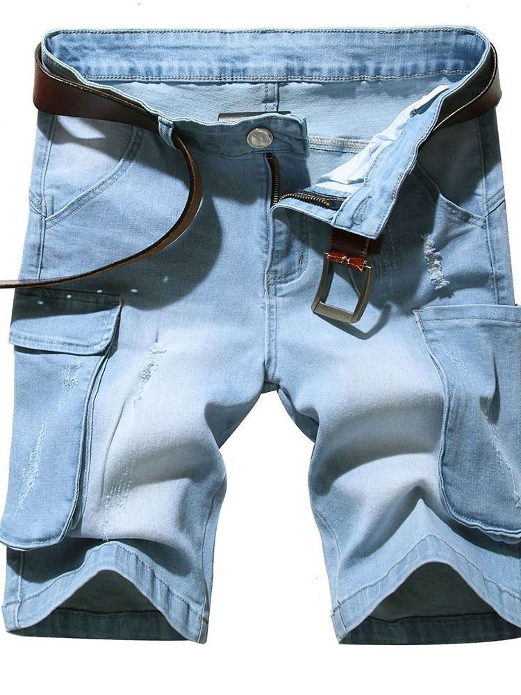 Short En Jean Pour Hommes À Fermeture Éclair À Taille Moyenne