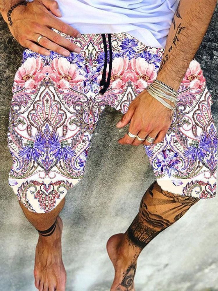 Short De Plage Droit À Fleurs Pour Hommes À Lacets