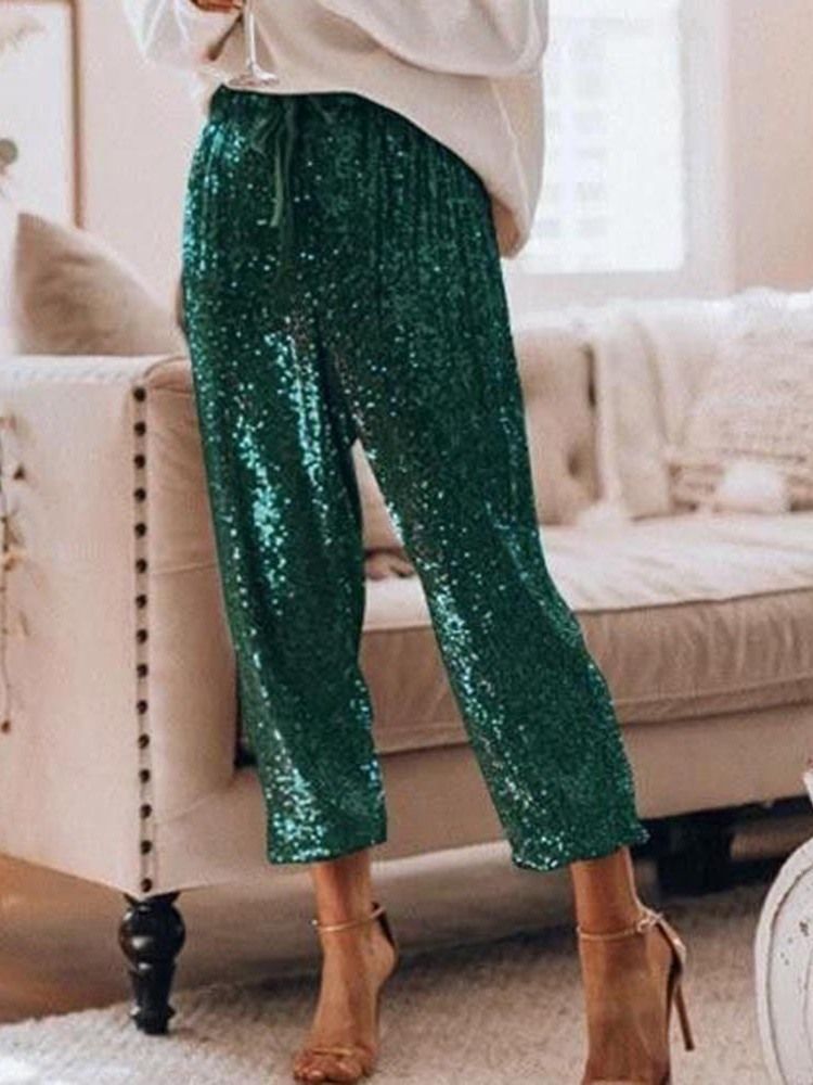 Paillettes Unies Lâches Taille Haute Longueur Cheville Pantalons Décontractés Pour Femmes