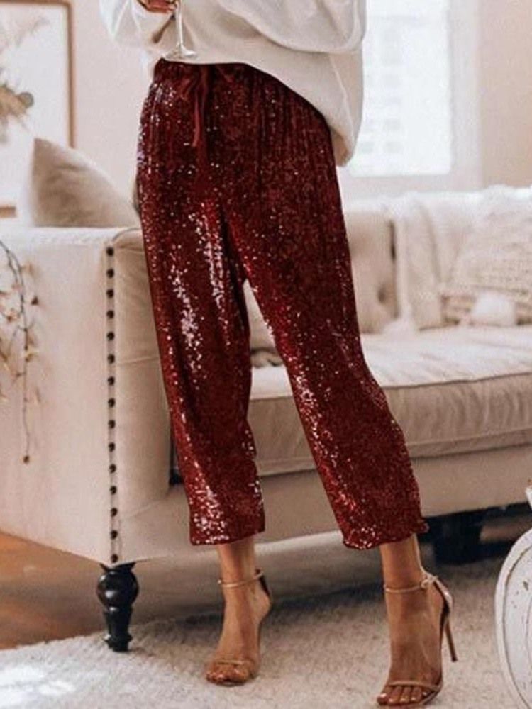 Paillettes Unies Lâches Taille Haute Longueur Cheville Pantalons Décontractés Pour Femmes