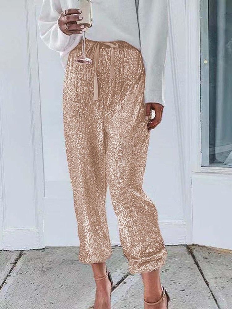 Paillettes Unies Lâches Taille Haute Longueur Cheville Pantalons Décontractés Pour Femmes