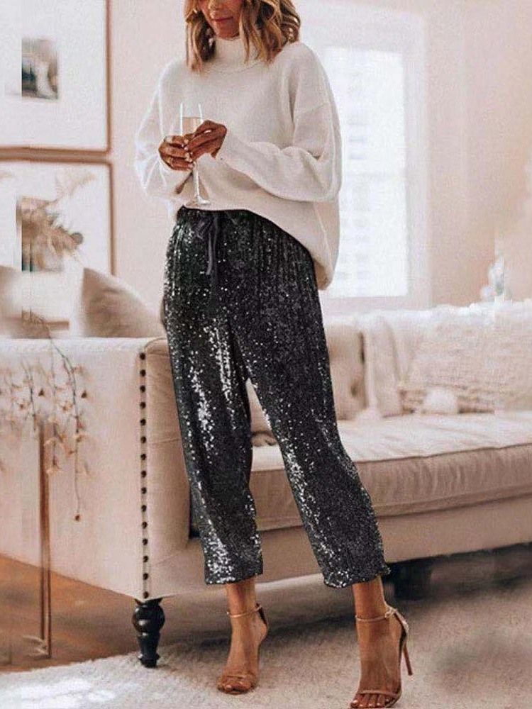 Paillettes Unies Lâches Taille Haute Longueur Cheville Pantalons Décontractés Pour Femmes