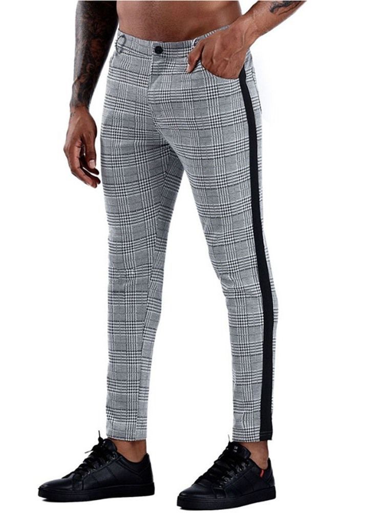 Pantalon Blazer Droit Pour Hommes À Carreaux Patchwork