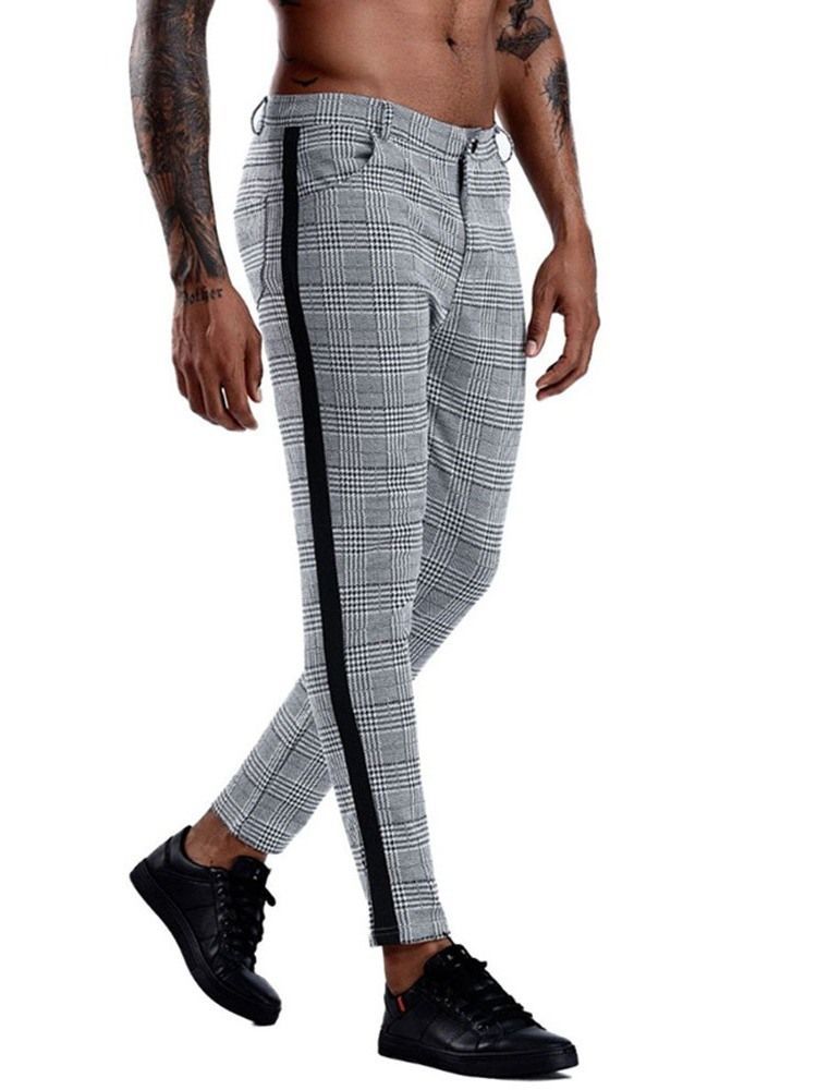 Pantalon Blazer Droit Pour Hommes À Carreaux Patchwork