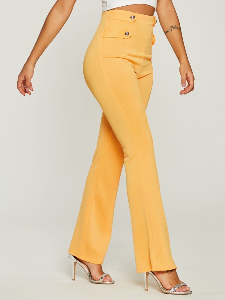 Pantalon De Couleur Pure Bouton Taille Haute Pour Femmes