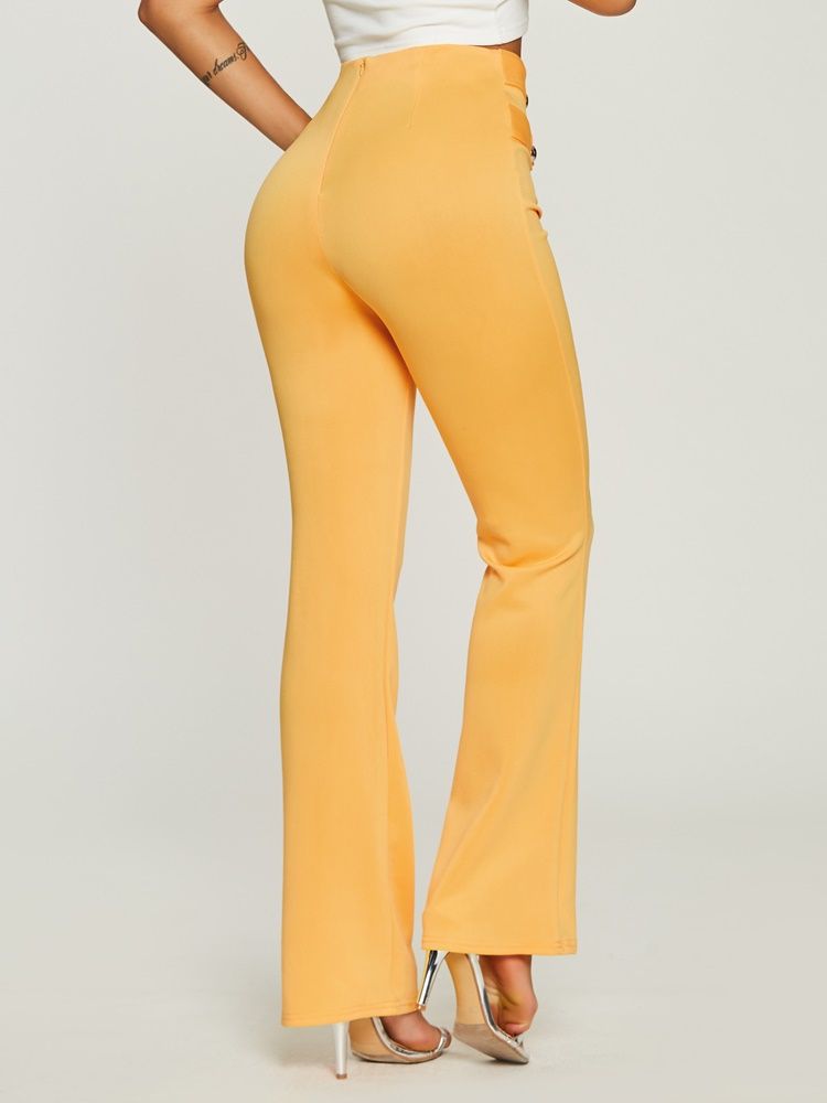 Pantalon De Couleur Pure Bouton Taille Haute Pour Femmes