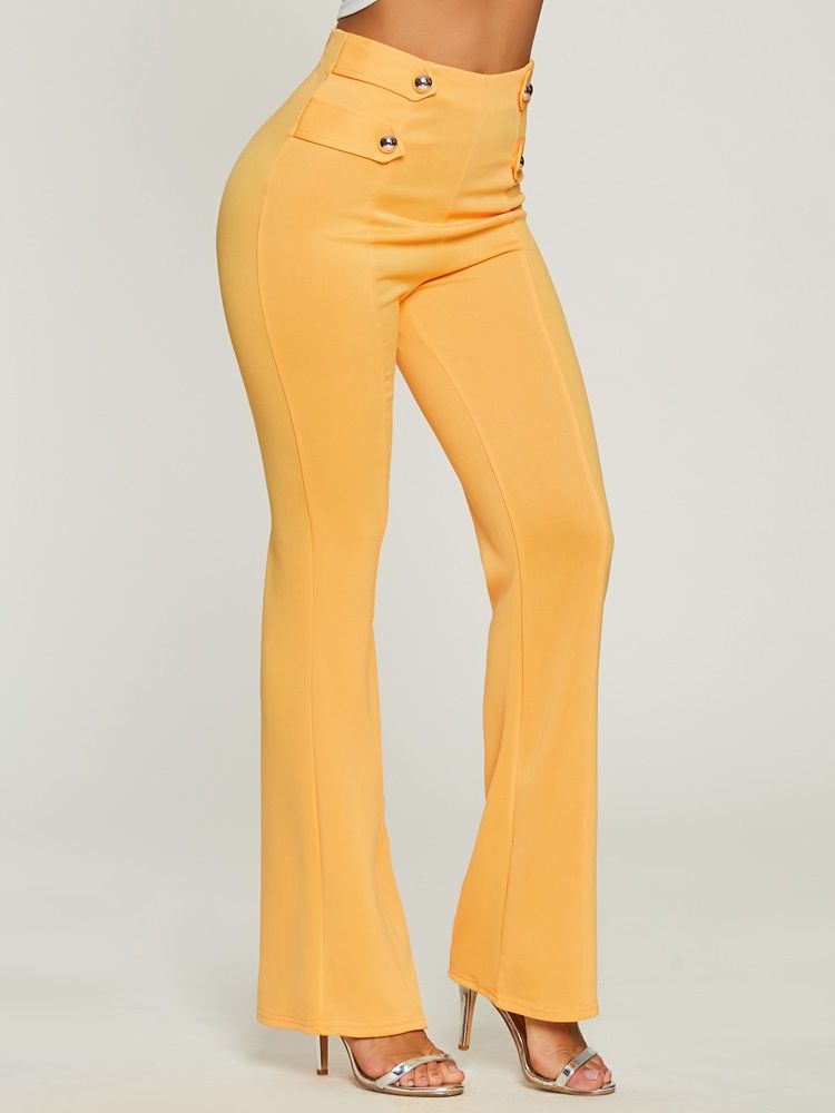 Pantalon De Couleur Pure Bouton Taille Haute Pour Femmes