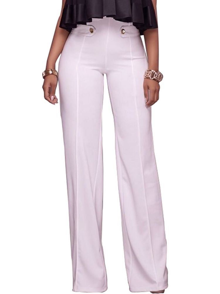 Pantalon De Couleur Pure Bouton Taille Haute Pour Femmes