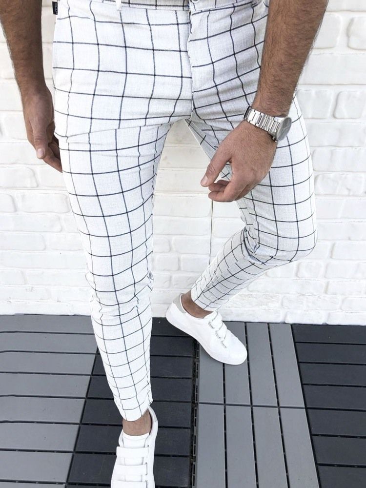 Pantalon Crayon À Carreaux Pour Hommes Pantalon Décontracté Quatre Saisons À Fermeture À Glissière