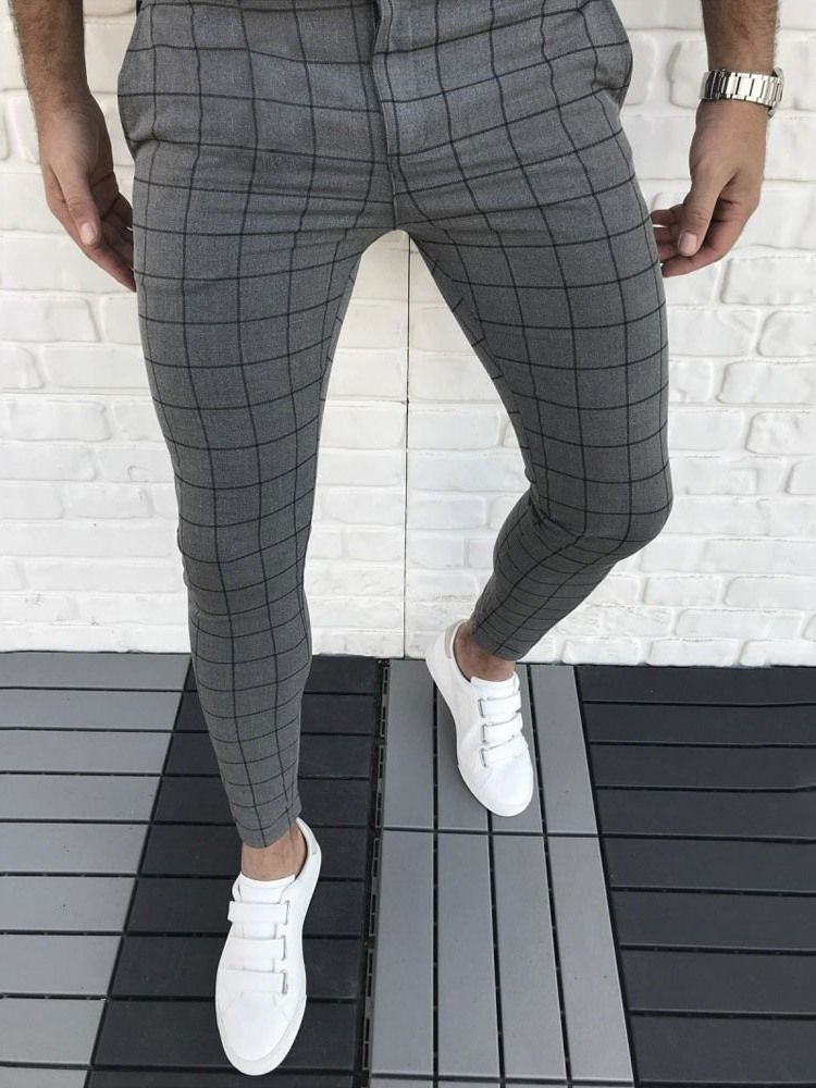 Pantalon Crayon À Carreaux Pour Hommes Pantalon Décontracté Quatre Saisons À Fermeture À Glissière