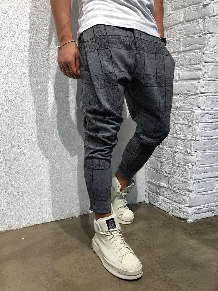 Pantalon Décontracté À Carreaux À Poche Et À Lacets À Taille Moyenne Pour Hommes