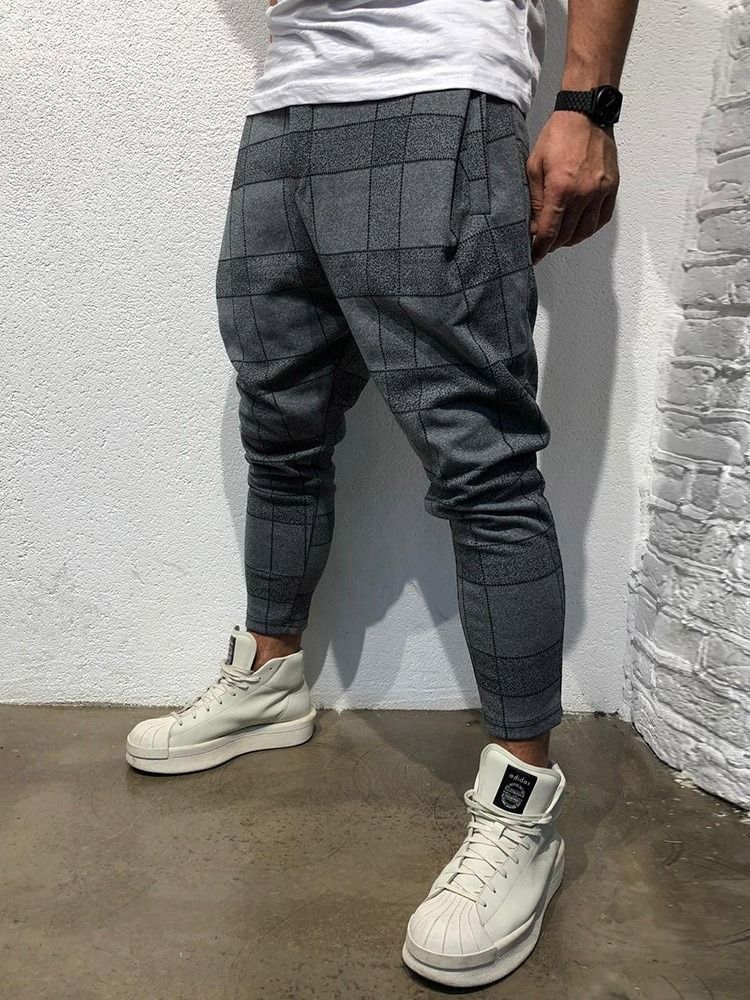 Pantalon Décontracté À Carreaux À Poche Et À Lacets À Taille Moyenne Pour Hommes