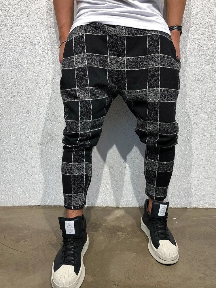 Pantalon Décontracté À Carreaux À Poche Et À Lacets À Taille Moyenne Pour Hommes