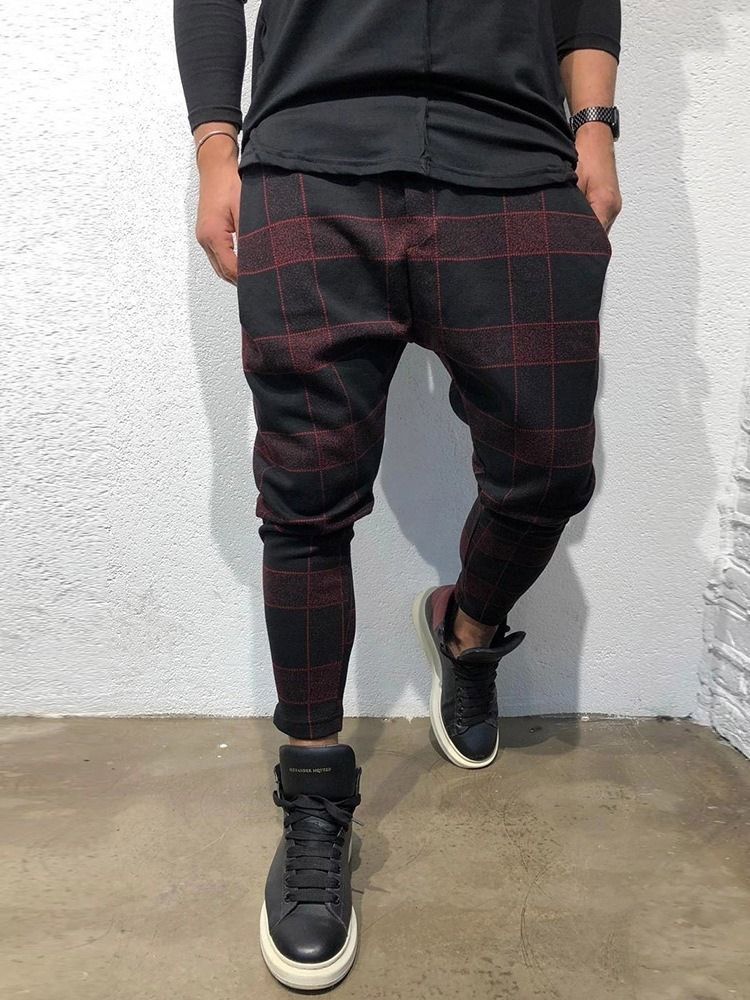 Pantalon Décontracté À Carreaux À Poche Et À Lacets À Taille Moyenne Pour Hommes