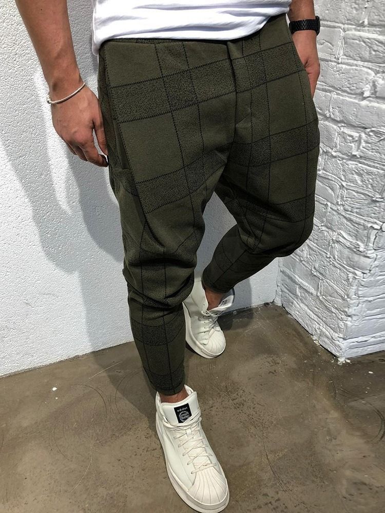 Pantalon Décontracté À Carreaux À Poche Et À Lacets À Taille Moyenne Pour Hommes