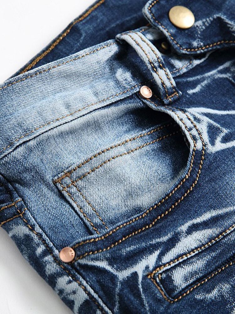 Pantalon Décontracté En Denim À Glissière Usé Pour Hommes