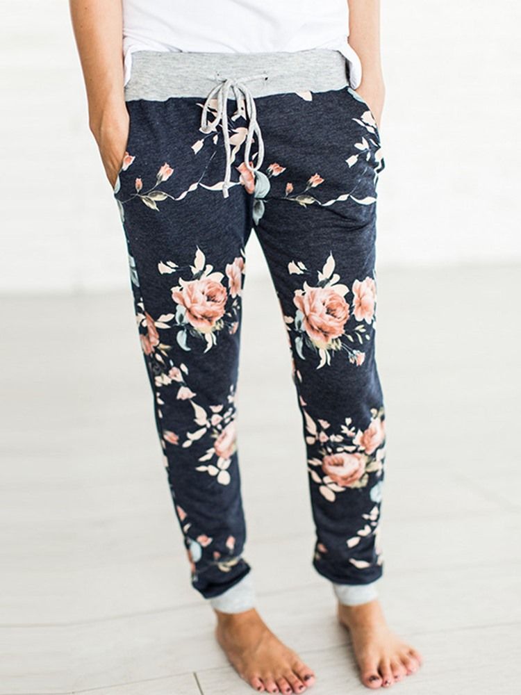 Pantalon Décontracté Droit À Taille Moyenne Et À Poche Florale Pour Femmes