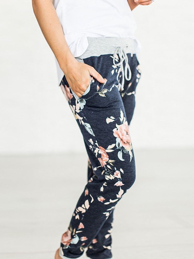 Pantalon Décontracté Droit À Taille Moyenne Et À Poche Florale Pour Femmes