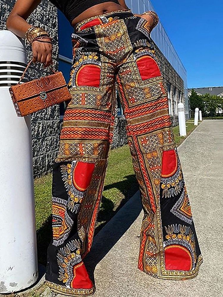 Pantalon Décontracté Pour Femmes En Patchwork Géométrique À Jambes Larges Et À Taille Haute