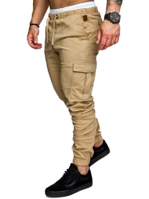 Pantalon Décontracté Kaki Uni À Poche À Lacets Pour Hommes