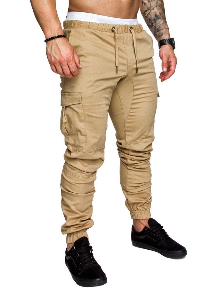 Pantalon Décontracté Kaki Uni À Poche À Lacets Pour Hommes