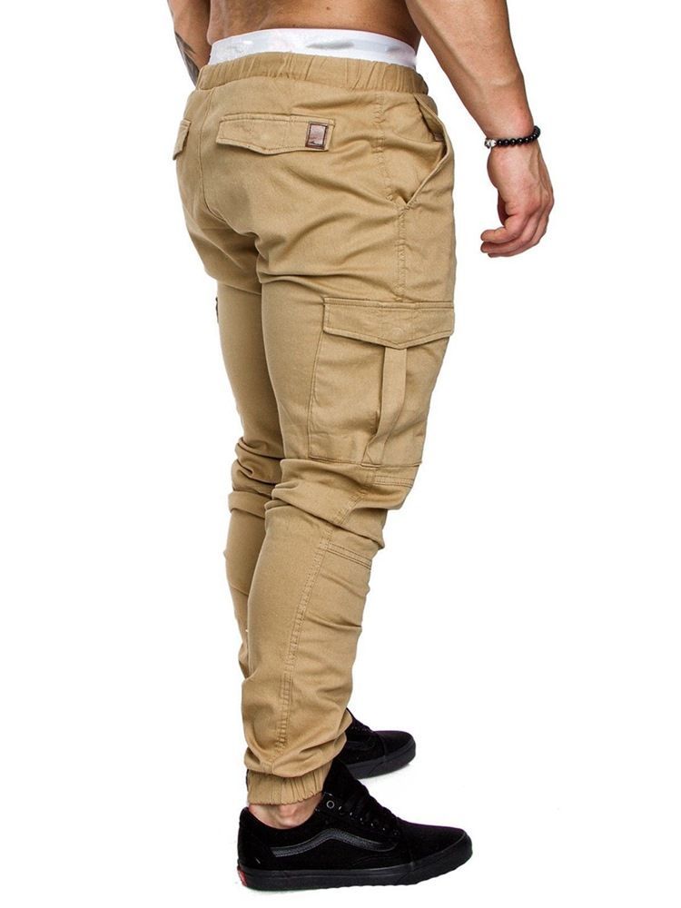 Pantalon Décontracté Kaki Uni À Poche À Lacets Pour Hommes